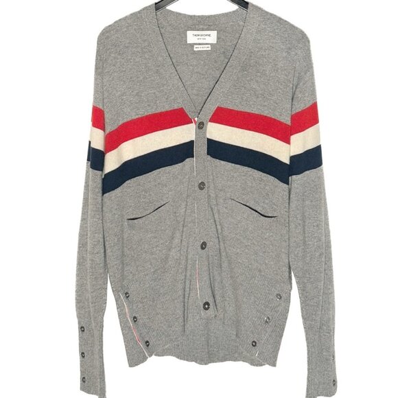 Thom Browne Grey Cashmere Tricolour Stripes Cardigan Sweater - Picture 1 of 10